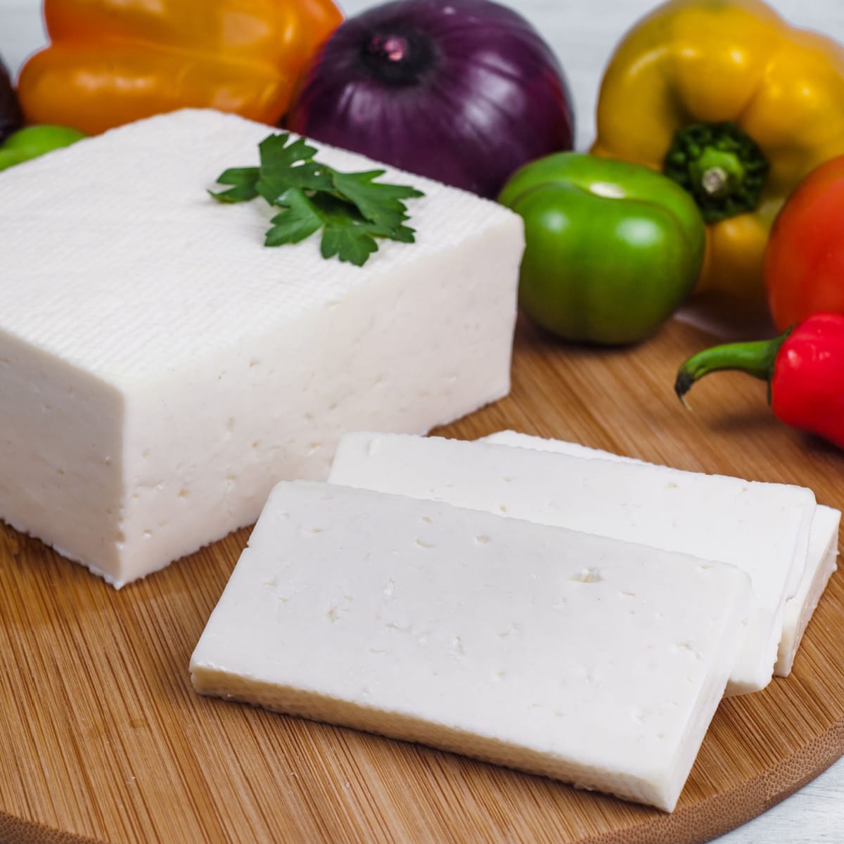 Slices of Queso Panela on a Wooden Cutting Board