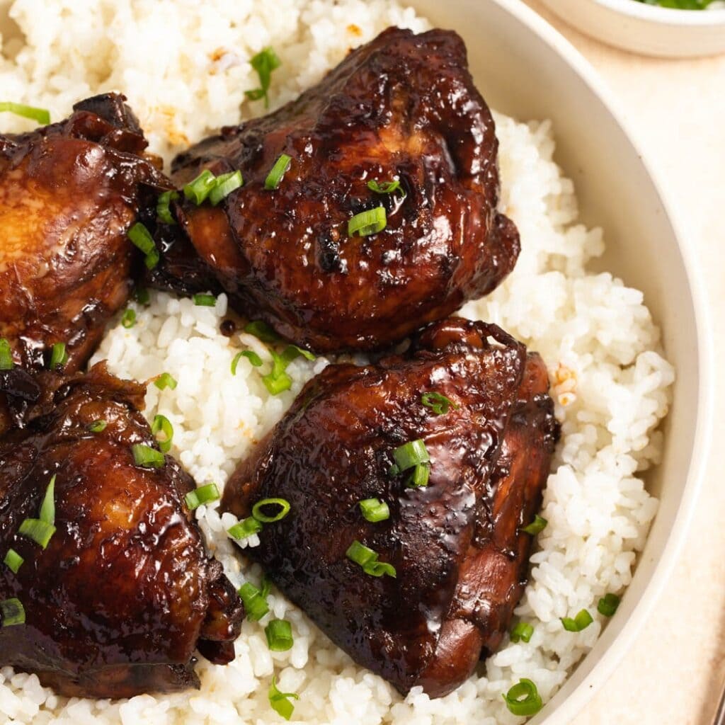 Savory Homemade Filipino Chicken Adobo with Chopped Onions and White Rice