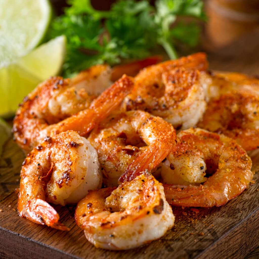 Shrimp Seasoned with Spices Served With Lemon Slices Plated on a Wooden Board
