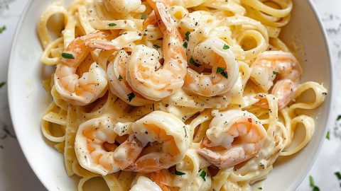 Top View of Shrimp Alfredo on a White Plate