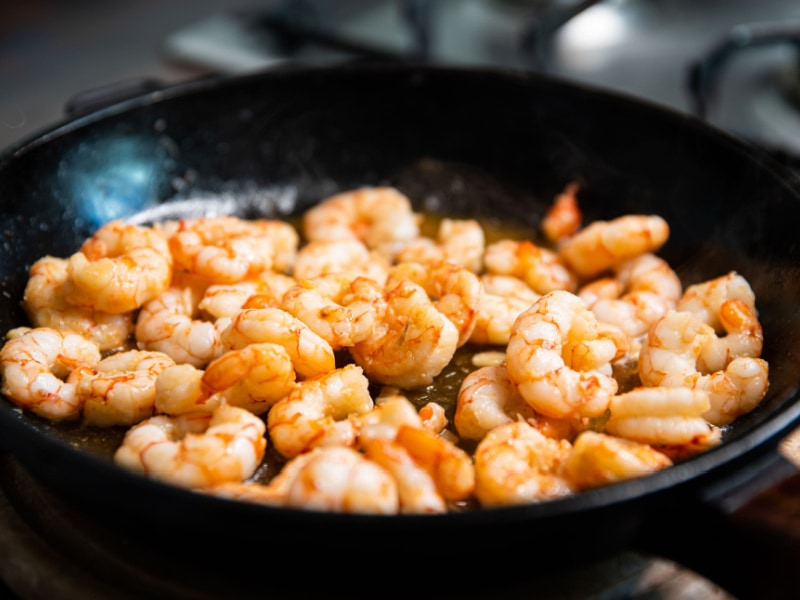Shrimp on a Frying Pan Reheated on a Stovetop