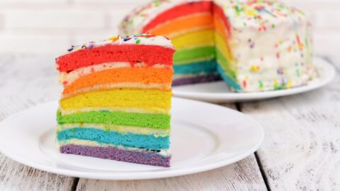 Sliced Sweet Homemade Rainbow Cake