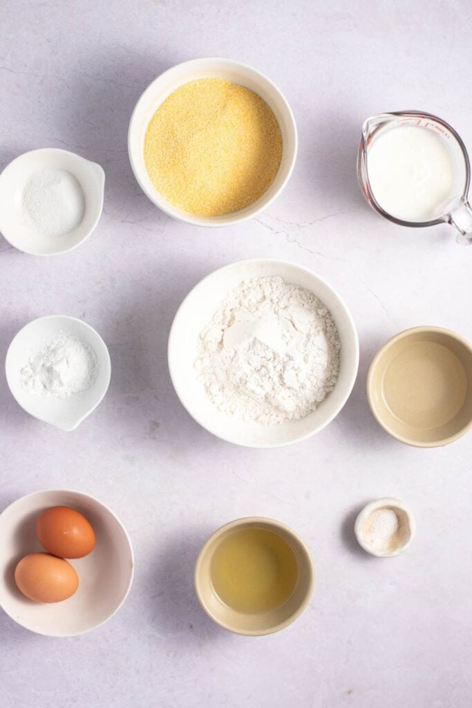 Ingredients for Southern Moty Cake - flour, cornmeal, sugar, baking powder, salt, eggs and buttermilk