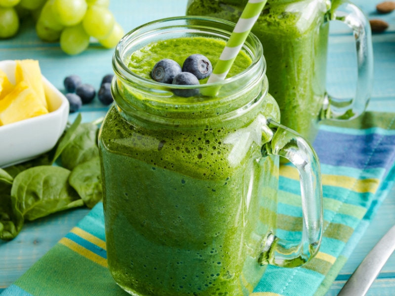 Spinach Smoothie with Blueberries in a Mason Jar