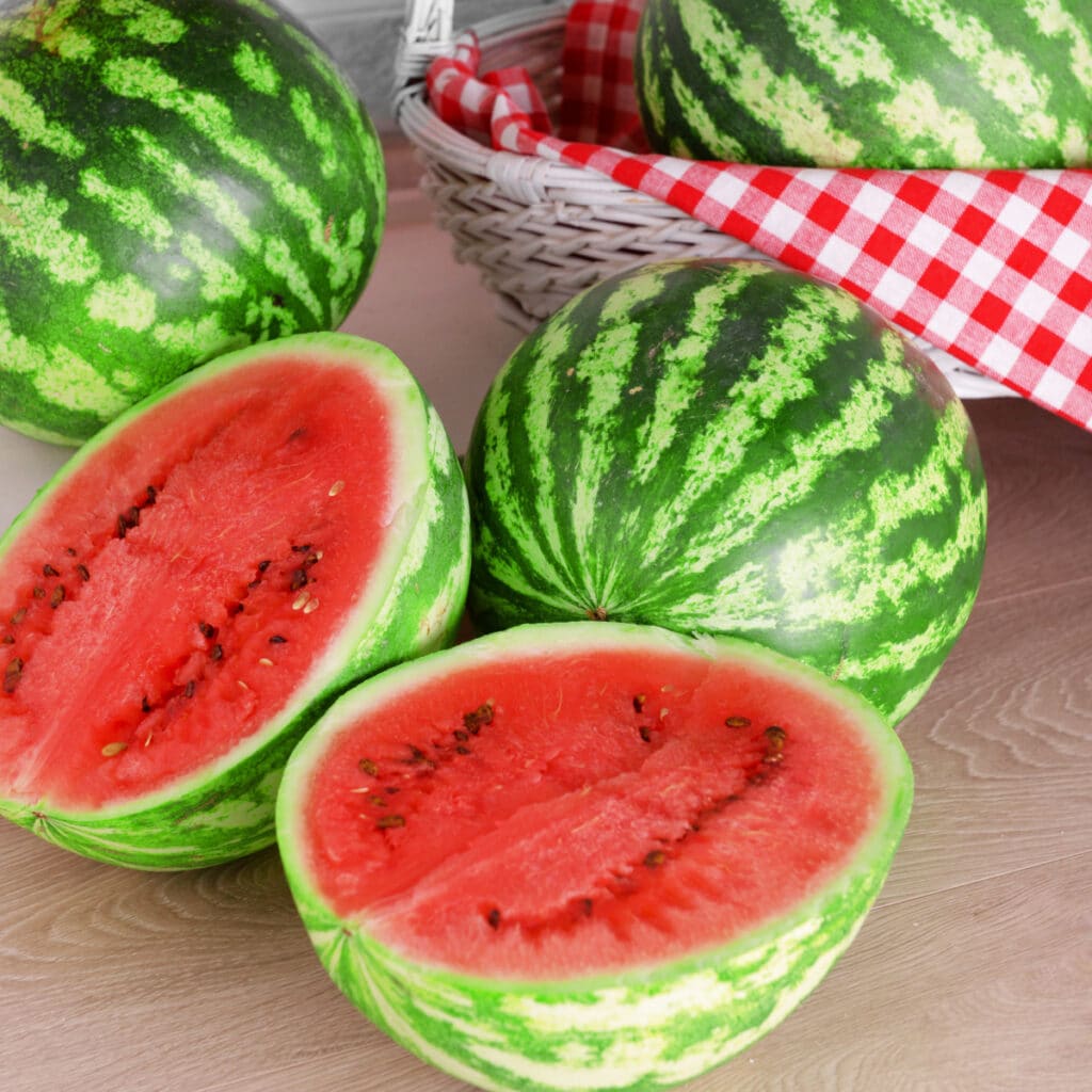 Can You Freeze Watermelon featuring 3 Whole Watermelons, 1 in a Picnic Basket and 1 Watermelon Sliced in Half
