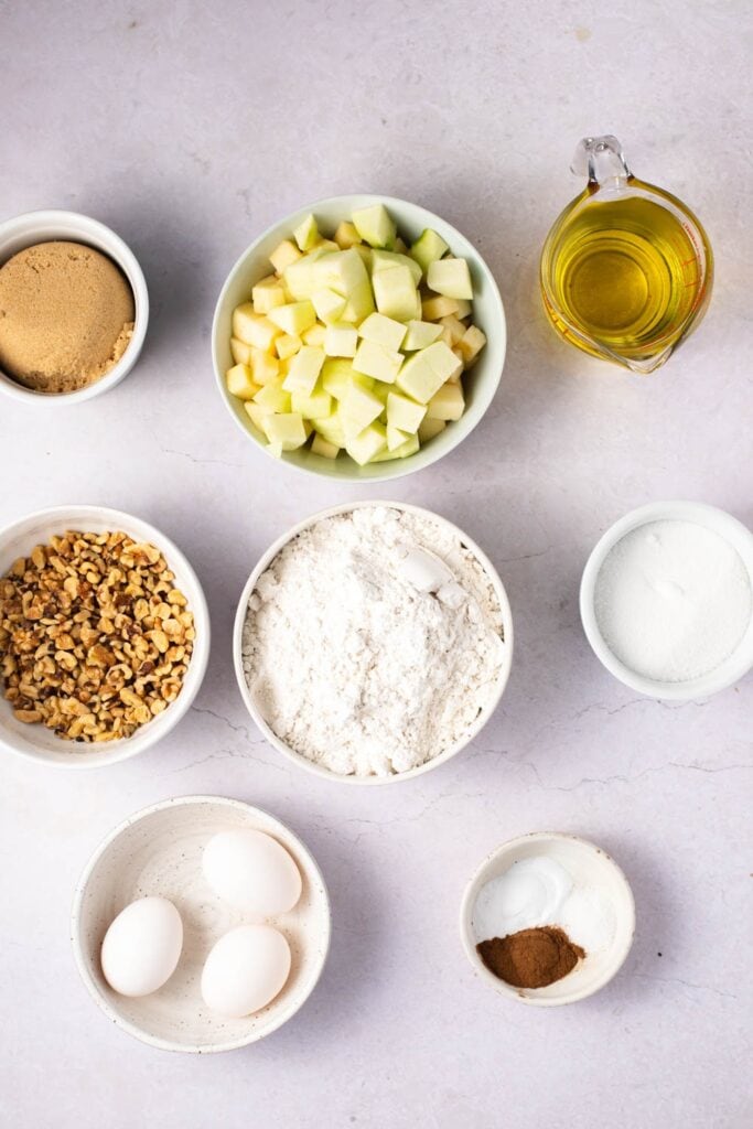 Apple Bread Ingredients - Flour, Baking Soda, Salt, Apples, Oil, Sugar, Eggs and Cinnamon