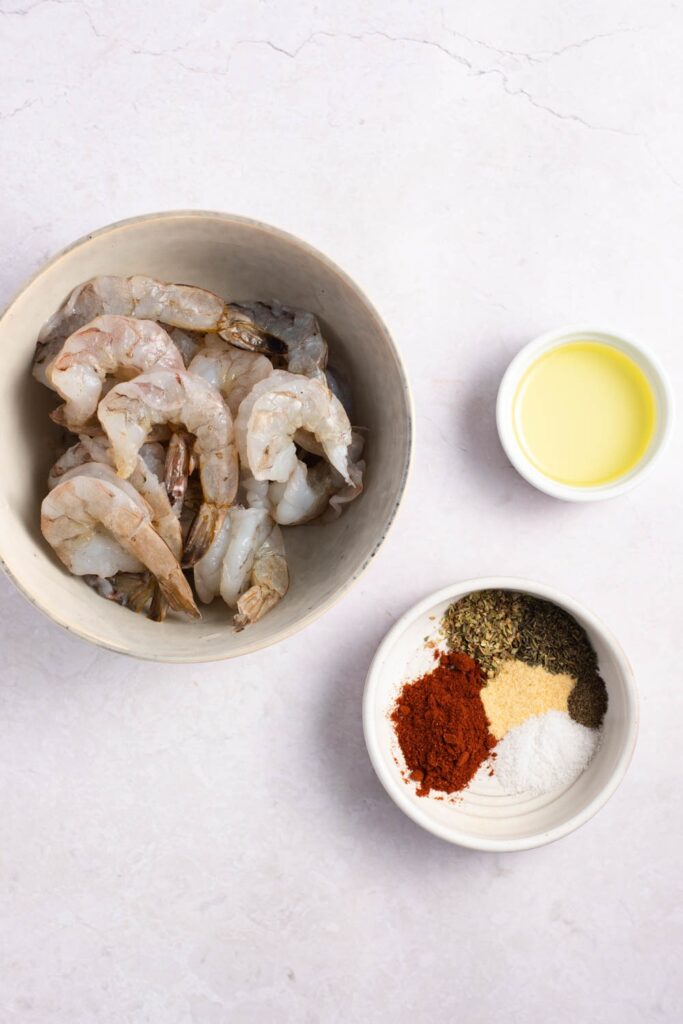 Cajun Shrimp Ingredients - Seasonings, Salt and Pepper, Large Shrimp and Vegetable Oil