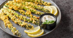 Crispy Homemade Fried Asparagus with Lemon and Dipping Sauce