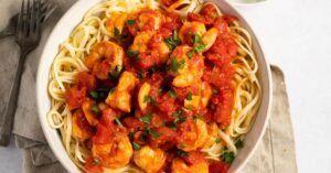 Fra Diavlo Sauce with Tomatoes, Parsley, Pasta and Shrimp