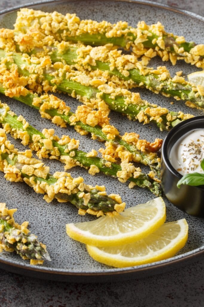 10 Easy Asparagus Recipes for Easter Brunch featuring Homemade Fried Panko-Crusted Asparagus with Lemon and Dipping Sauce