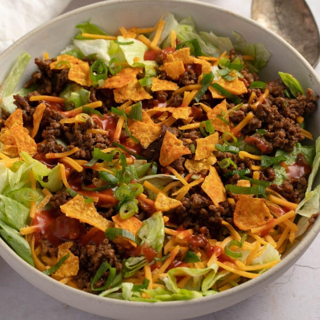 Homemade Ground Beef Taco Salad with Chips, Cheese and Lettuce