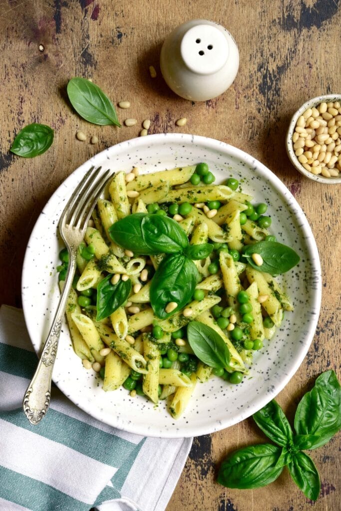 Homemade Penne Pasta with Pesto, Basil and Sweet Peas