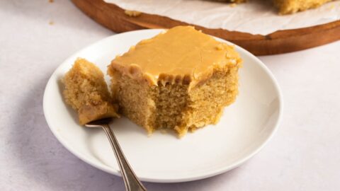 Homemade Sliced Sweet Peanut Butter Cake on a White Plate