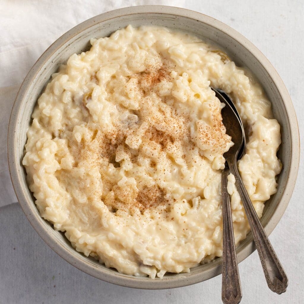 Bowl of Creamy Rice Pudding Sprinkled with Cinnamon With Two Spoons