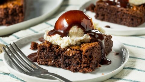 Homemade Brownies with Ice Cream and Chocolate Sauce