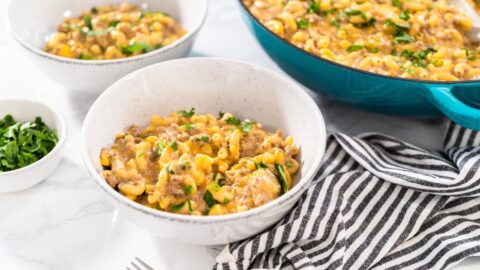 Homemade Hamburger Helper in a Ceramic Bowl