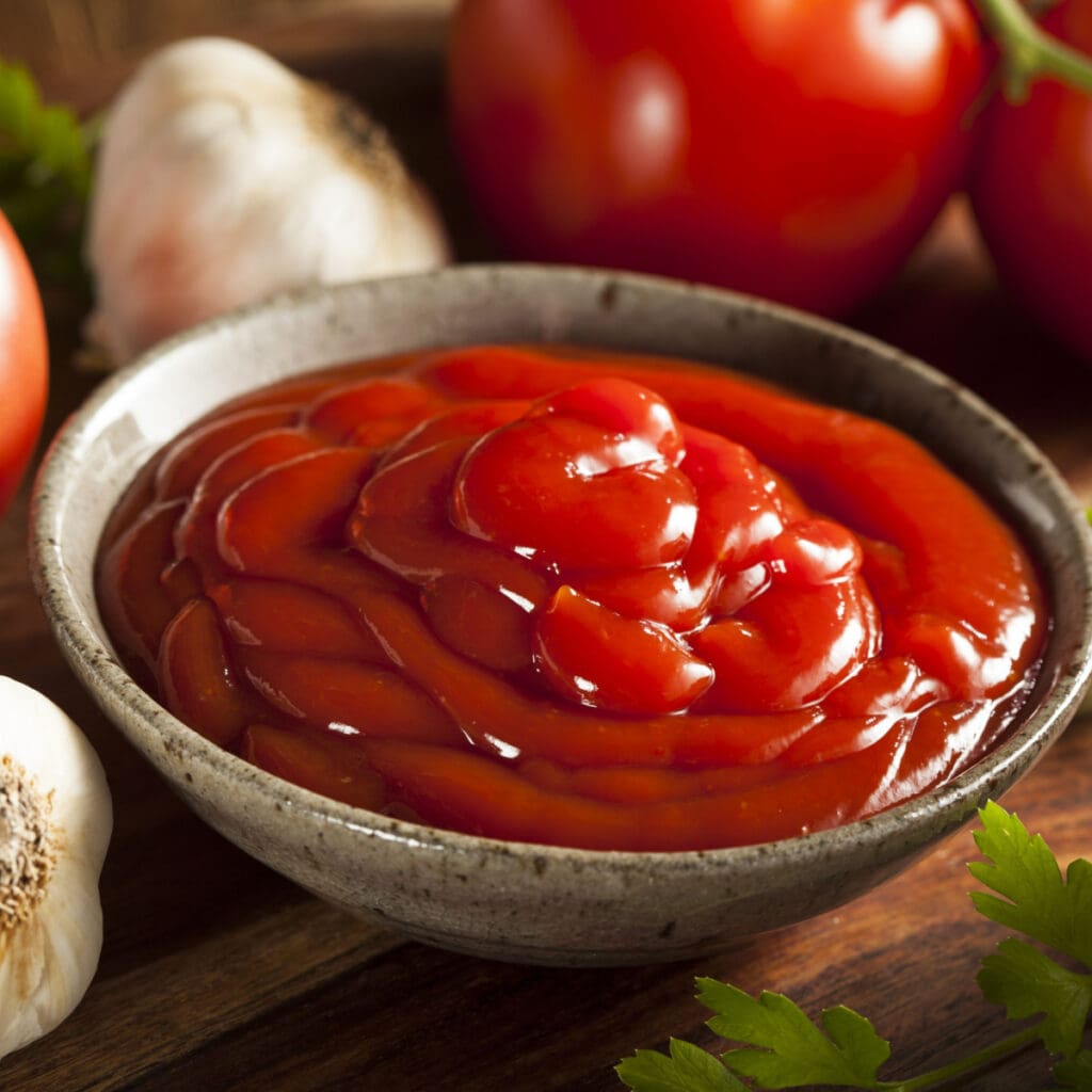 Ketchup in a bowl with tomatoes and garlic in the background
