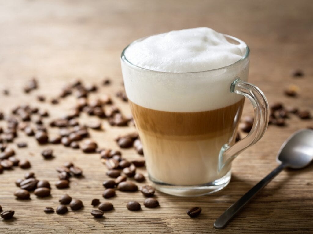 Latte Macchiato on a Small Mug With Fresh Coffee Beans