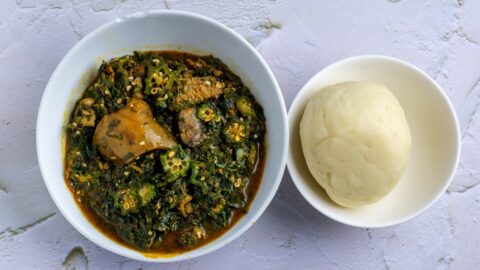 Mashed Yam or Fufu with Seafood Okra Soup
