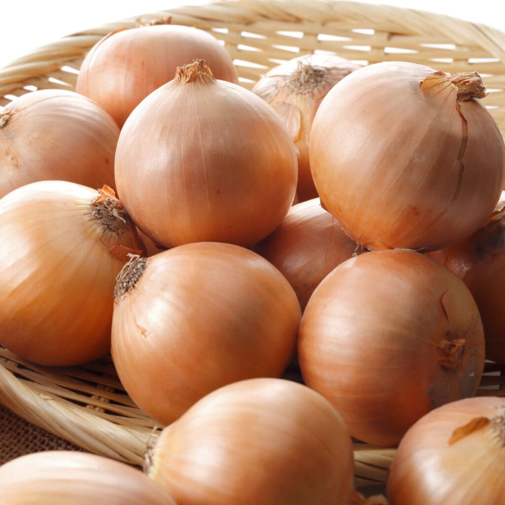 Bunch of Onions on a Bamboo Basket