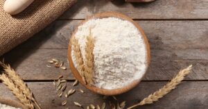 Organic Self-Rising Flour in a Wooden Bowl