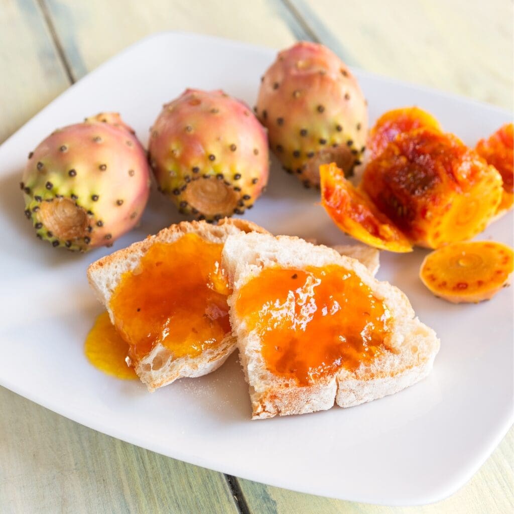 Prickly Pears Jam with Bread and Fresh Fruits
