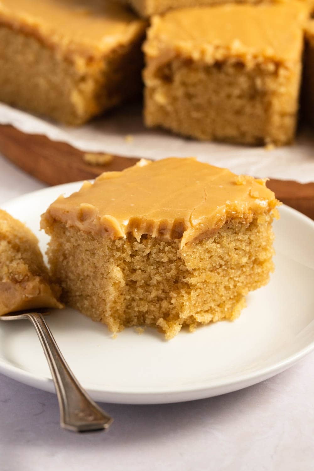Sliced Sweet Peanut Butter Cake in a White Plate