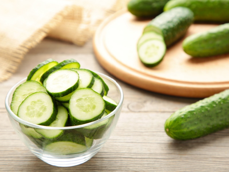 Slices of Fresh Cucumber on a Glass Bowl