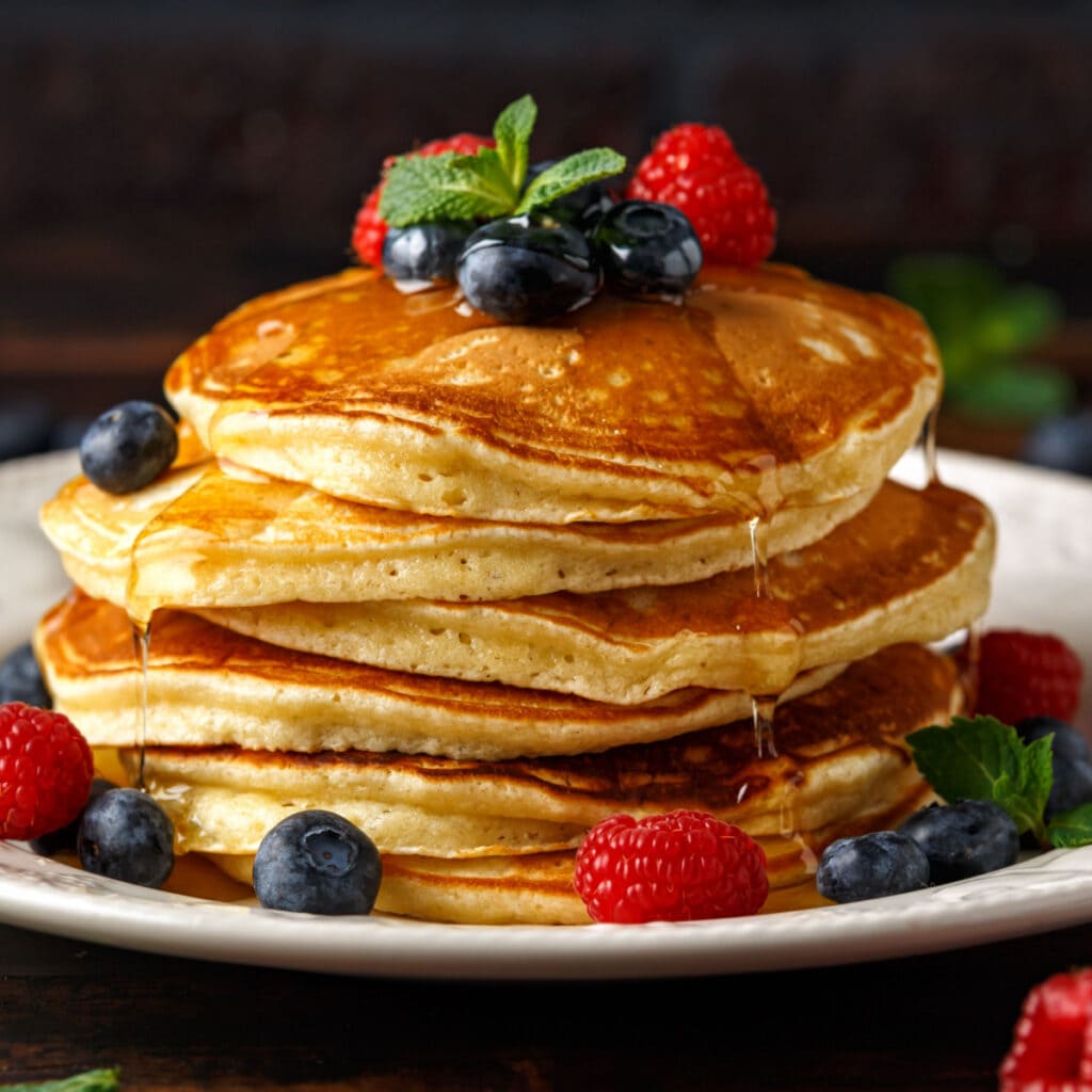 Stack of Pancake with Fresh Berries, Dripping With Syrup