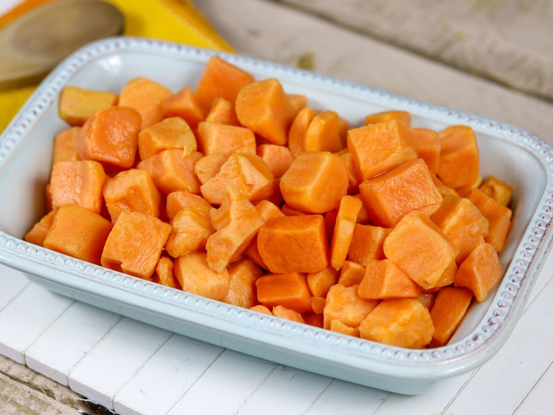 Raw Cubed Sweet Potato in a Dish