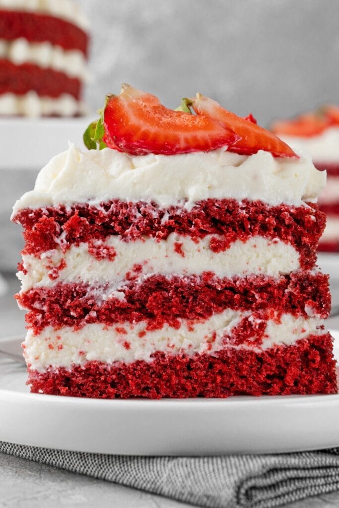 Sweet Sliced Red Velvet Cake with Fresh Strawberry
