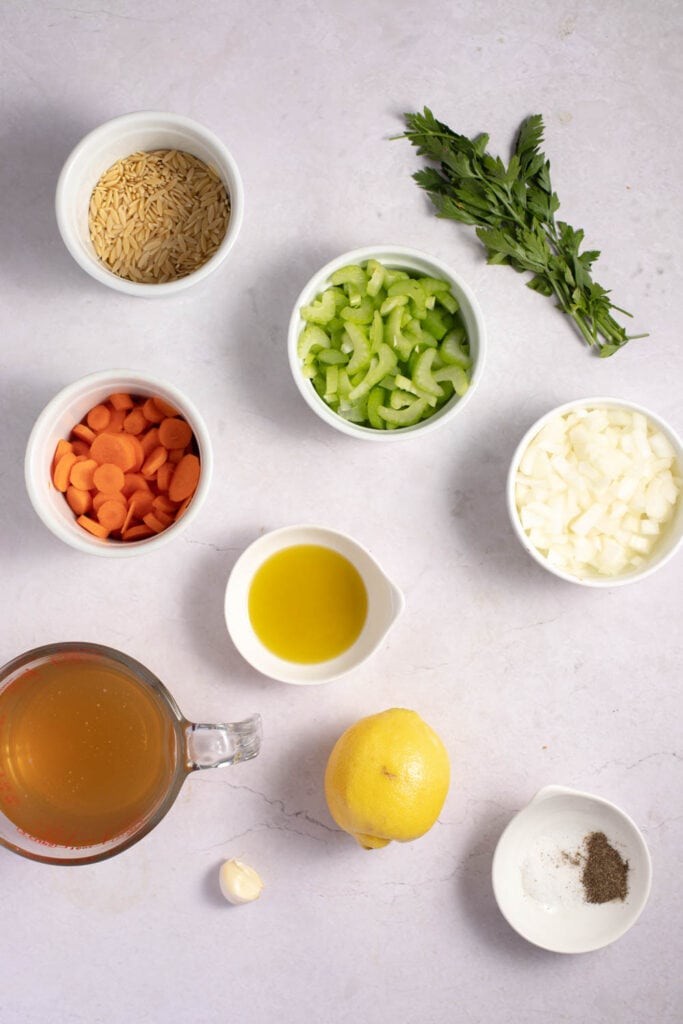 Vegetable Noodle Soup Ingredients - Olive Oil, Garlic, Onion, Vegetables, Spices, Pasta and Chicken Broth