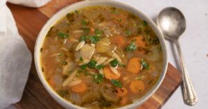 Warm Homemade Vegetable Noodle Soup with Orzo, Parsley and Carrots in a Bowl