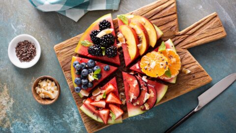 Watermelon Pizza Topped with Apples, Oranges and Berries