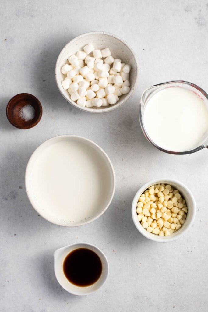 White Hot Chocolate Ingredients - Milk, Half-and-half, White Chocolate Chips, Salt, Vanilla Extract and Mini Marshmallows
