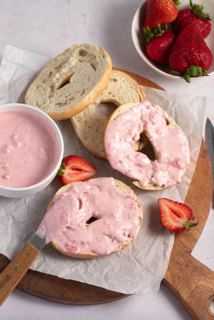 Bagels with Strawberry Cream Cheese and Fresh Fruits