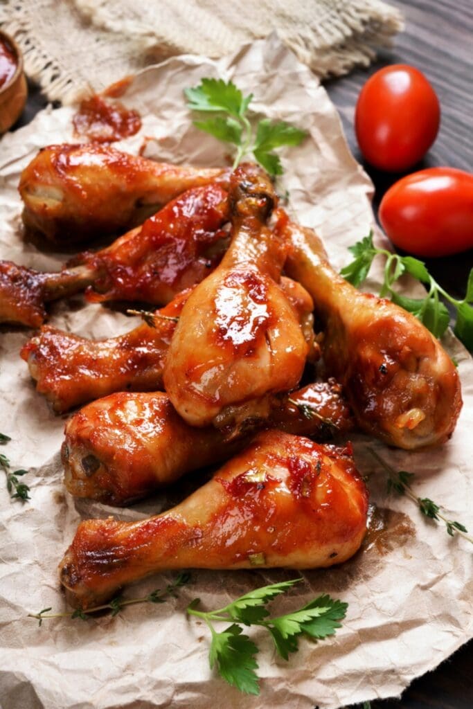 Golden Brown Baked Chicken Legs In Barbecue Sauce on Paper with Tomatoes and Herbs in the Background