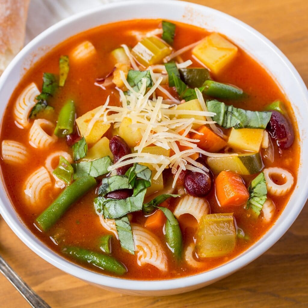 Bowl of Homemade Minestrone Soup with Pasta, Beans and Carrots
