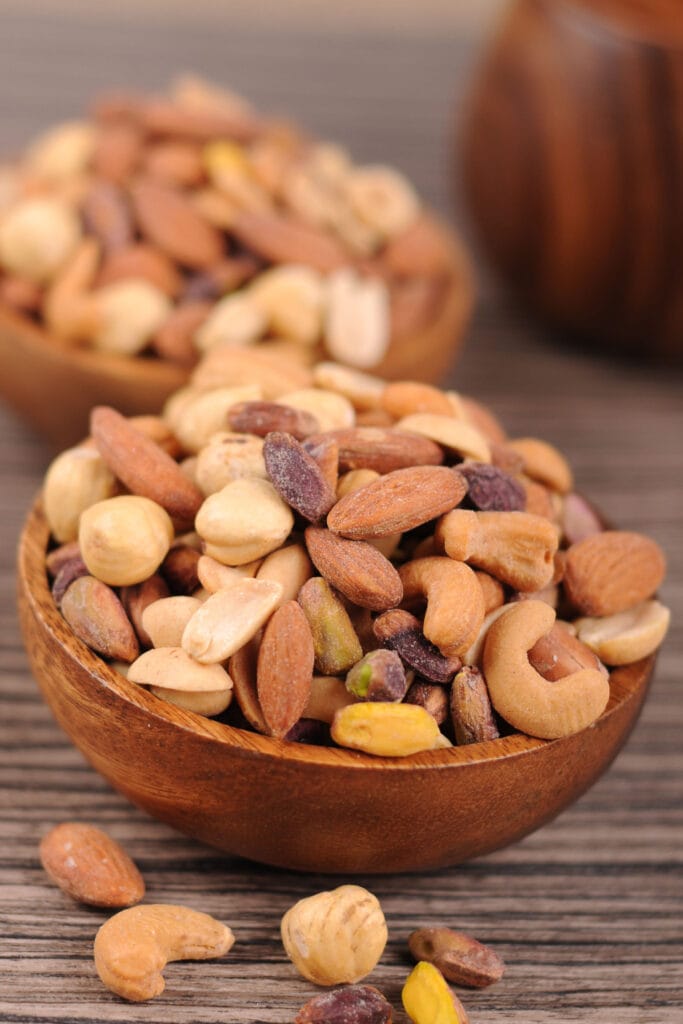 Mixed Nuts on a Wooden Bowl