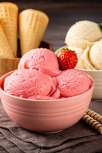 Bowl of Strawberry Ice Cream with Cones