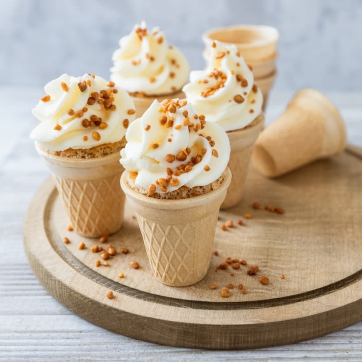 Cone Cakes With Cream Cheese Frosting And Caramelized Nuts On Wooden Board