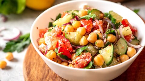 Canned Chickpea Salad with Tomatoes, Cucumber and Cheese