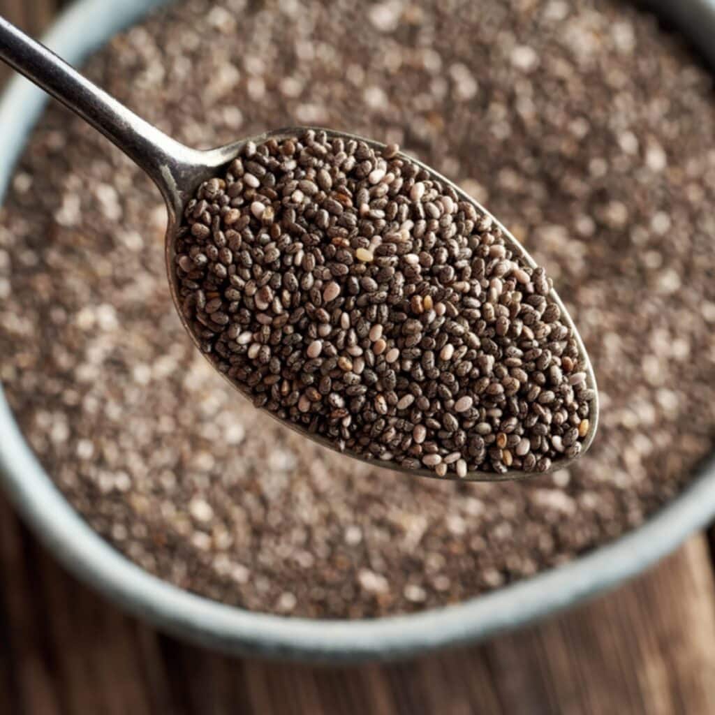 Spoonful of Chia Seeds in Focus with Bowl of Chia Seeds in Background