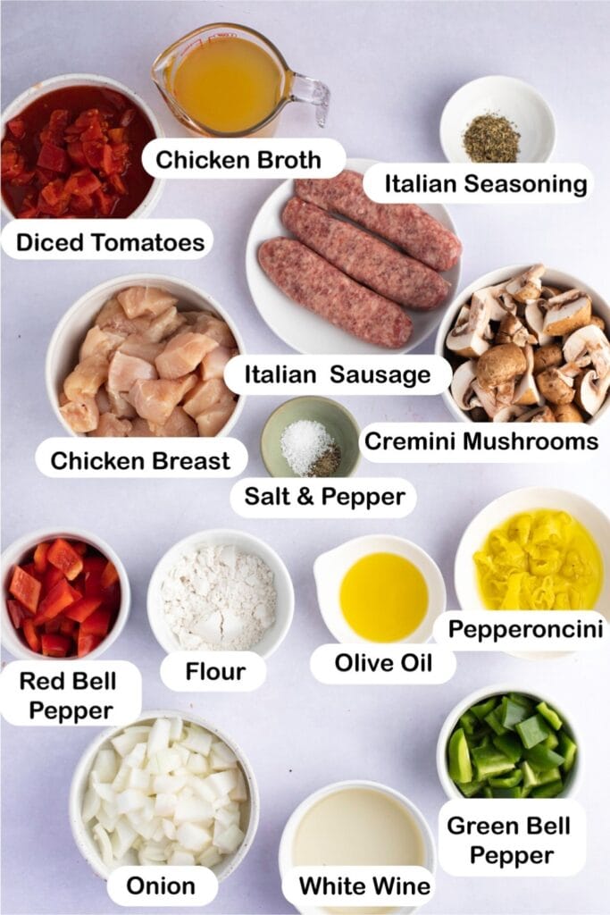 Ingredients for Chicken Murphy - Olive Oil, Chicken, Salt, Pepper, Sausage, Pepper, Mushroom, Tomato and Seasoning