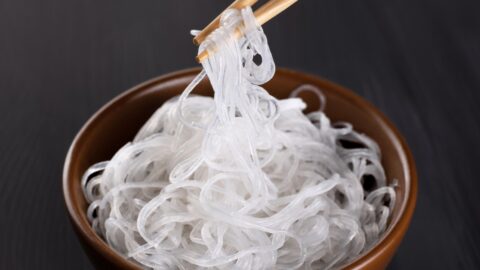 Cooked Glass Noodles in a Wooden Bowl