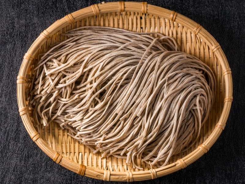 Cooked Soba Noodles on a Woven Tray