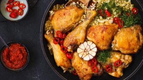 Fried Chicken with Bulgur in a Cast Iron Skillet