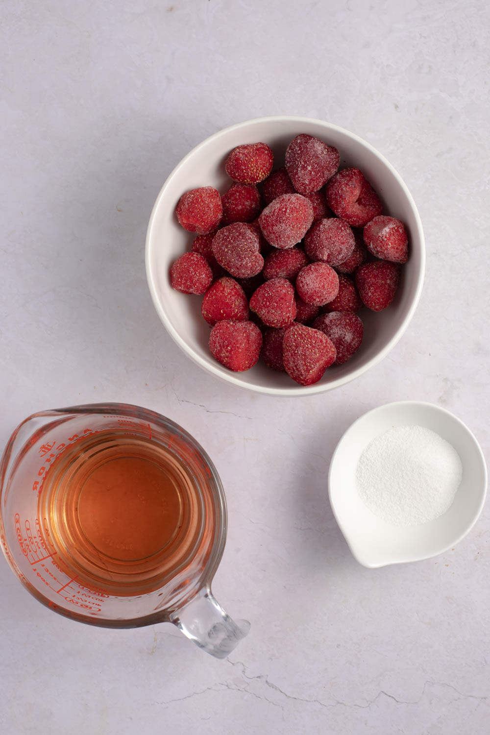 Frose Ingredients - Rose Wine, Frozen Strawberries, Sugar and Ice