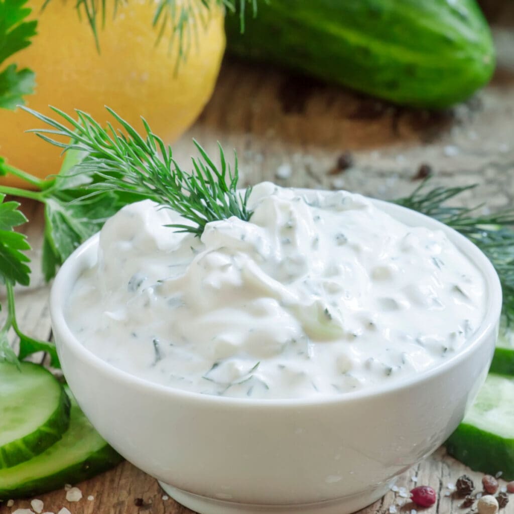 A Bowl of Garlic Ranch Sauce with Thyme and Cucumber on Background on a Wooden Table