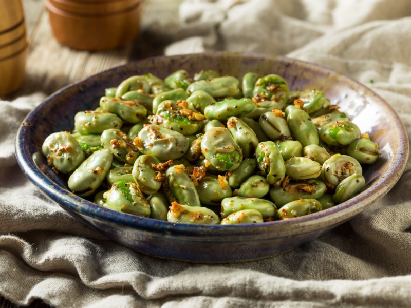 Garlic Sauteed Fava Beans in a Dish with Seasonings